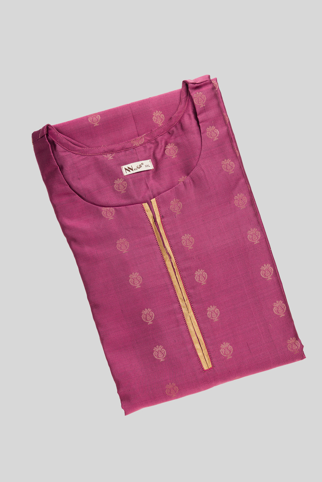 Top view of Purple Pure Silk Womens Kurta set featuring Zari Butta Kurta paired with Gold Plain Body bottom and a Zari Butta dupatta in Gold