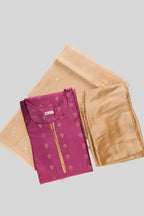 Flat lay of Purple Pure Silk Womens Kurta set featuring Zari Butta Kurta paired with Gold Plain Body bottom and a Zari Butta dupatta in Gold