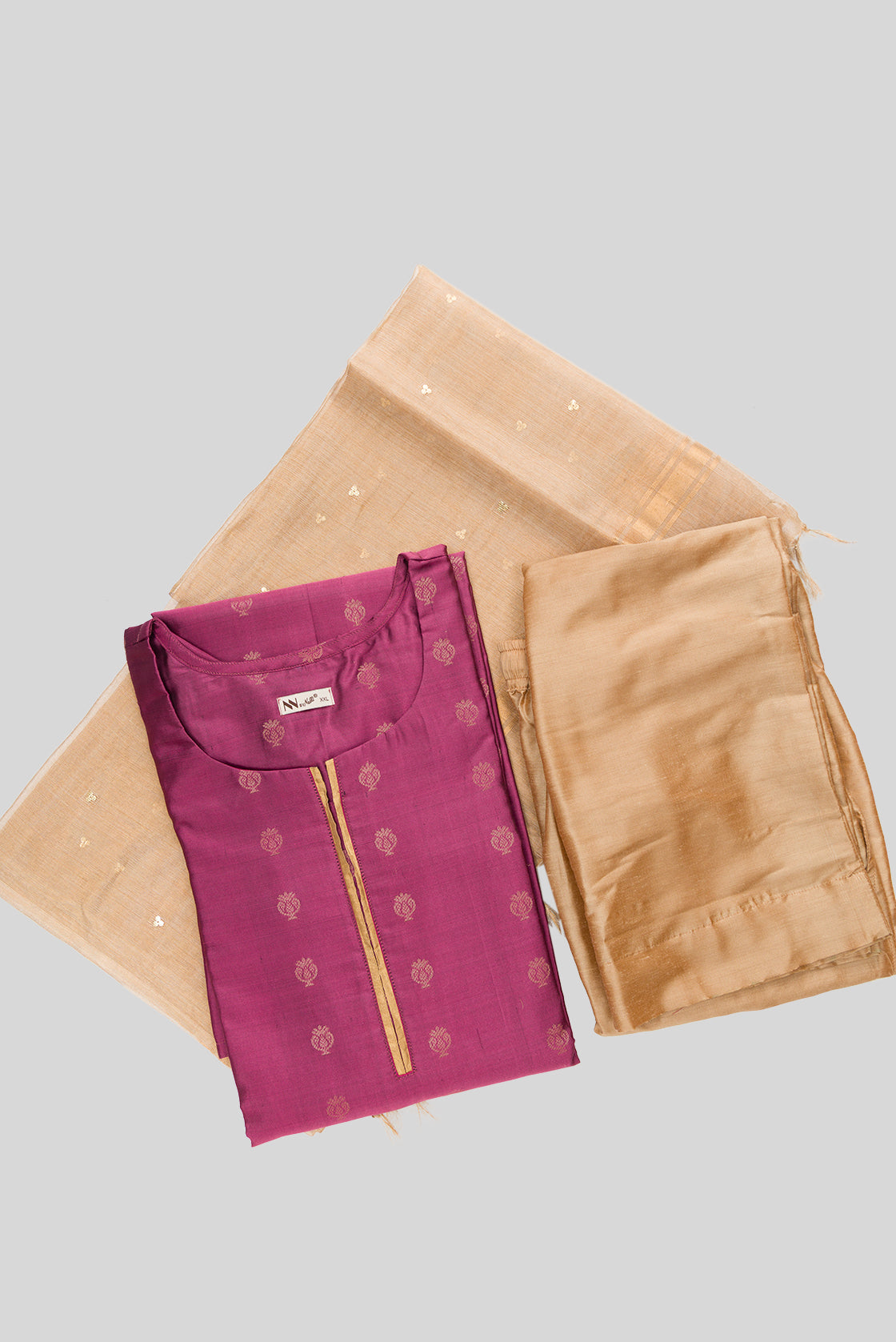 Flat lay of Purple Pure Silk Womens Kurta set featuring Zari Butta Kurta paired with Gold Plain Body bottom and a Zari Butta dupatta in Gold