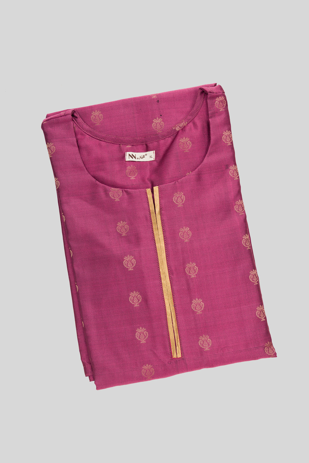 Top view of Pink Pure Silk Womens Kurta set featuring Zari Butta Kurta paired with Dark Beige Plain Body bottom and a Zari Butta dupatta in Dark Beige