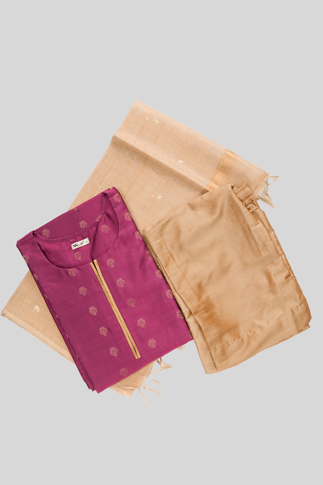 Flat lay of Pink Pure Silk Womens Kurta set featuring Zari Butta Kurta paired with Dark Beige Plain Body bottom and a Zari Butta dupatta in Dark Beige