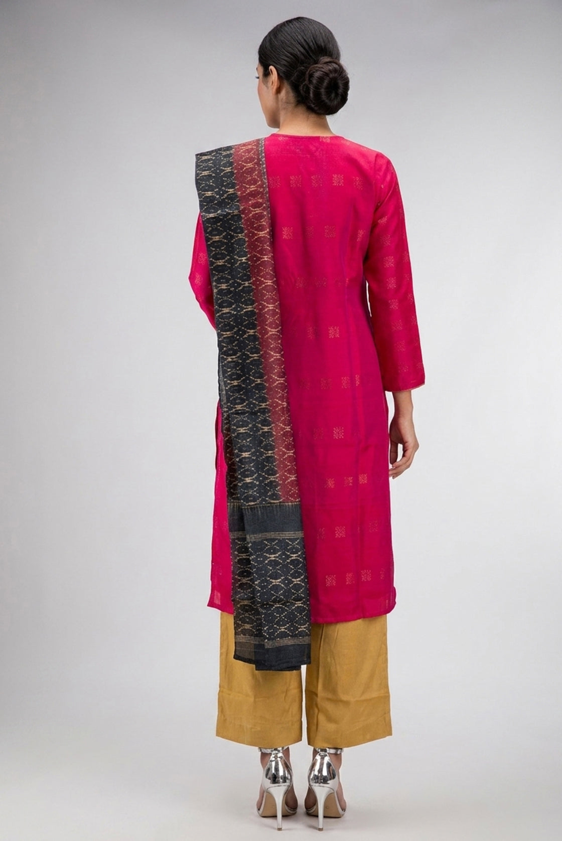 Dark Pink Pure Silk Womens Kurta set featuring Zari Butta Kurta paired with Gold Plain Body bottom and a Printed dupatta in Gold back image displayed on an AI model