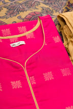 Detailed shot of Dark Pink Pure Silk Womens Kurta set featuring Zari Butta Kurta paired with Gold Plain Body bottom and a Printed dupatta in Gold