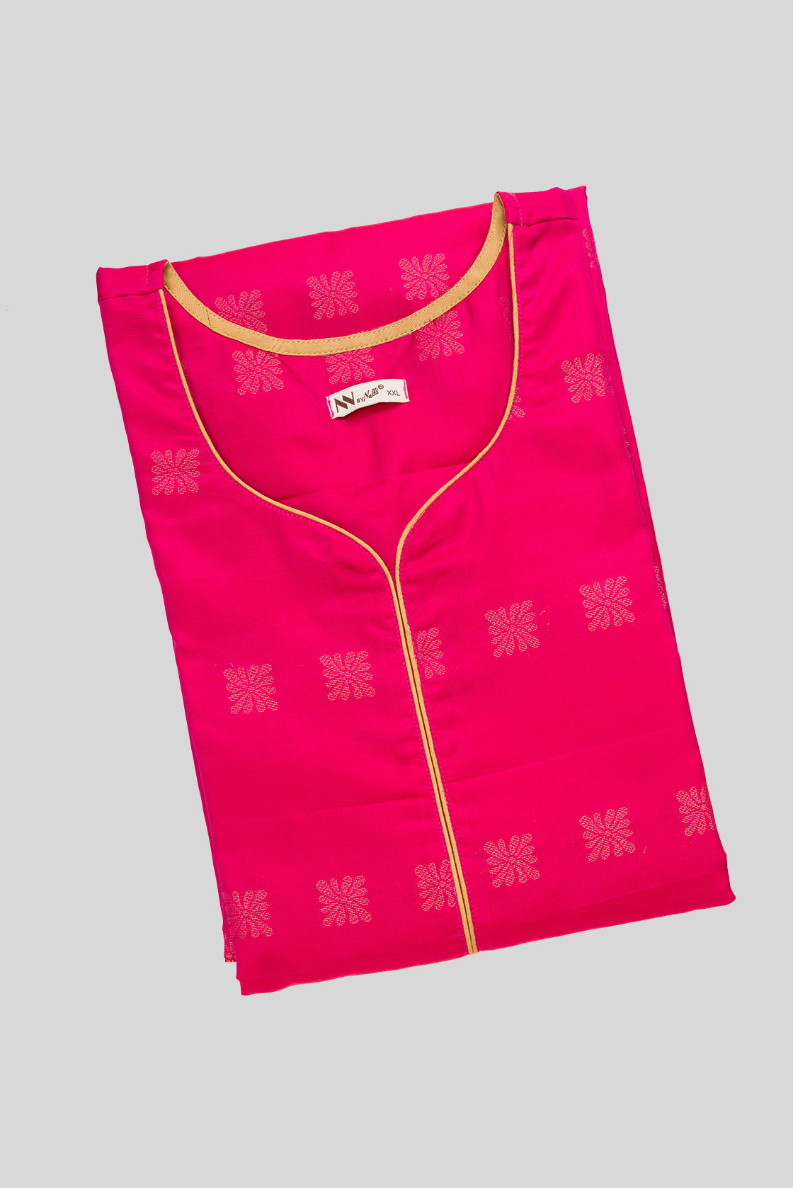 Top view of Dark Pink Pure Silk Womens Kurta set featuring Zari Butta Kurta paired with Gold Plain Body bottom and a Printed dupatta in Gold