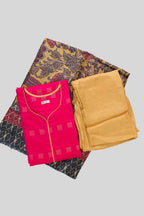 Flat lay of Dark Pink Pure Silk Womens Kurta set featuring Zari Butta Kurta paired with Gold Plain Body bottom and a Printed dupatta in Gold