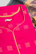 Detailed shot of Green Pure Silk Womens Kurta set featuring Zari Butta Kurta paired with Gold Plain Body bottom and a Printed dupatta in Gold