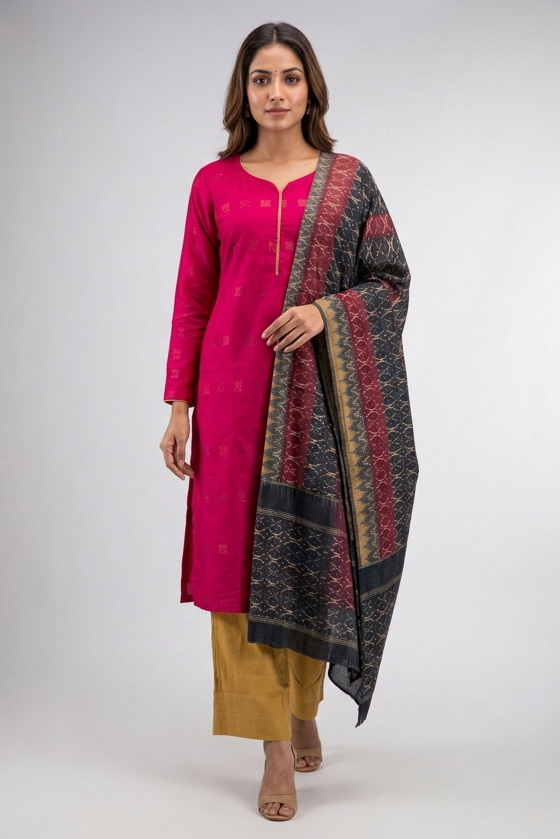Green Pure Silk Womens Kurta set featuring Zari Butta Kurta paired with Gold Plain Body bottom and a Printed dupatta in Gold front image displayed on an AI model