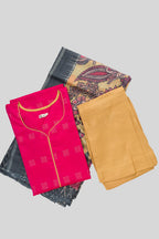 Flat lay of Green Pure Silk Womens Kurta set featuring Zari Butta Kurta paired with Gold Plain Body bottom and a Printed dupatta in Gold