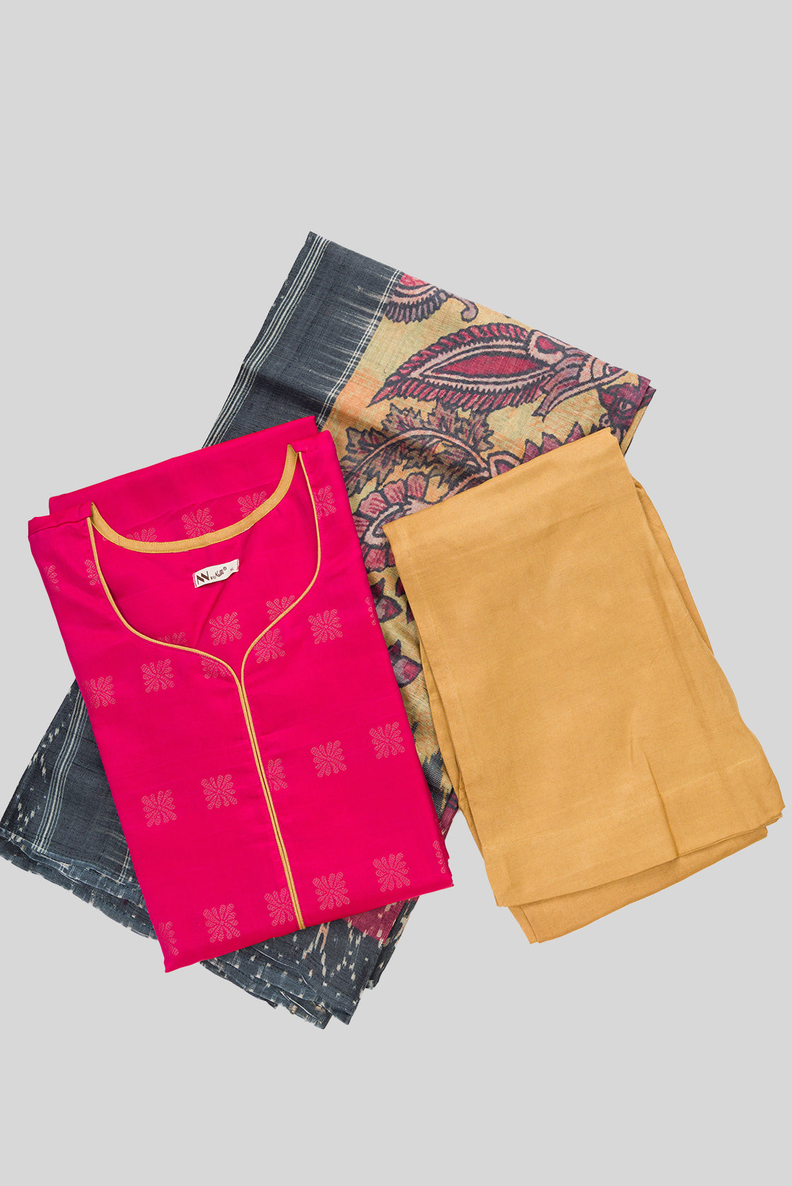 Flat lay of Green Pure Silk Womens Kurta set featuring Zari Butta Kurta paired with Gold Plain Body bottom and a Printed dupatta in Gold
