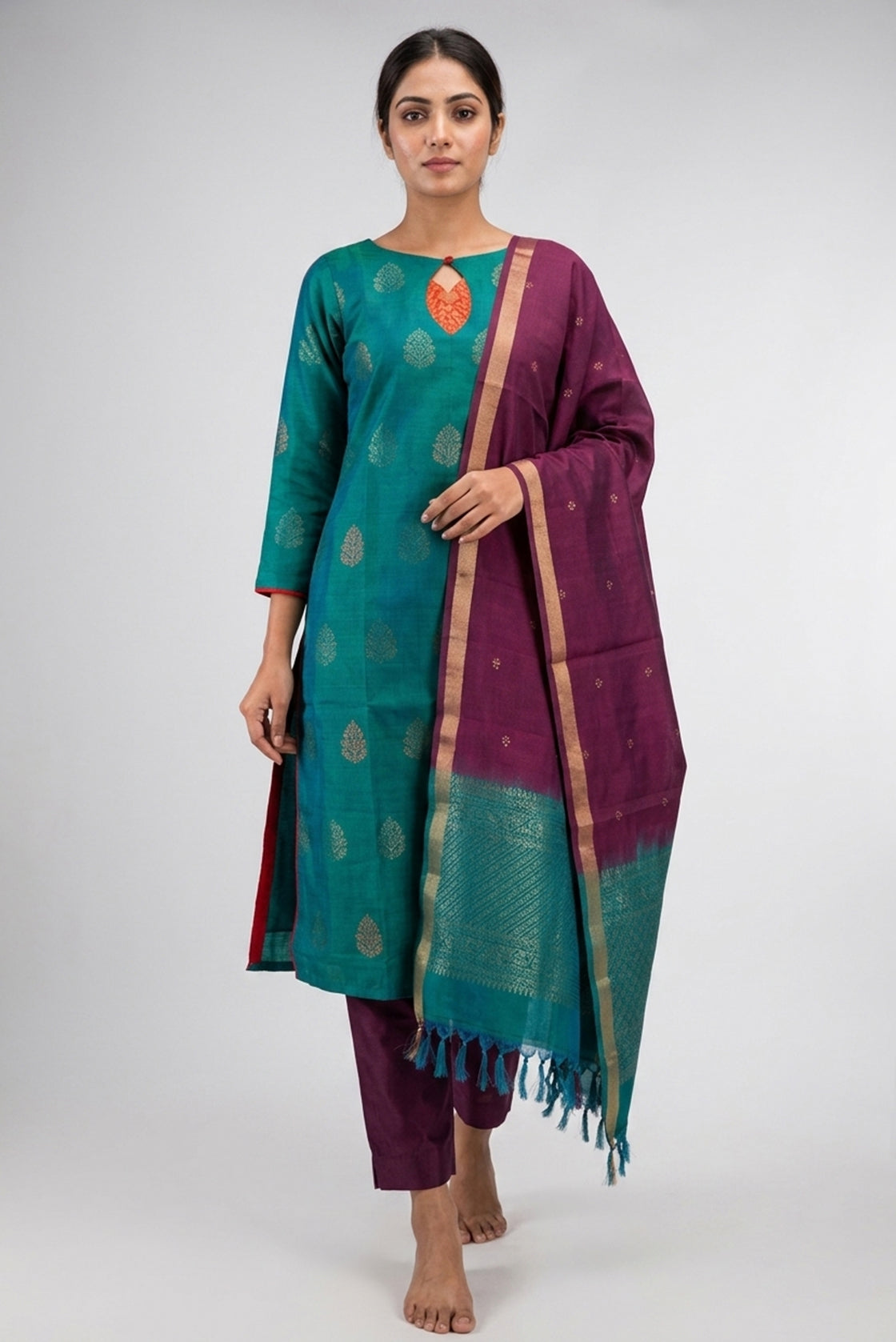 Green Pure Silk Womens Kurta set featuring Zari Butta Kurta paired with Burgundy Plain Body bottom and a Zari Butta dupatta in Burgundy front image displayed on an AI model