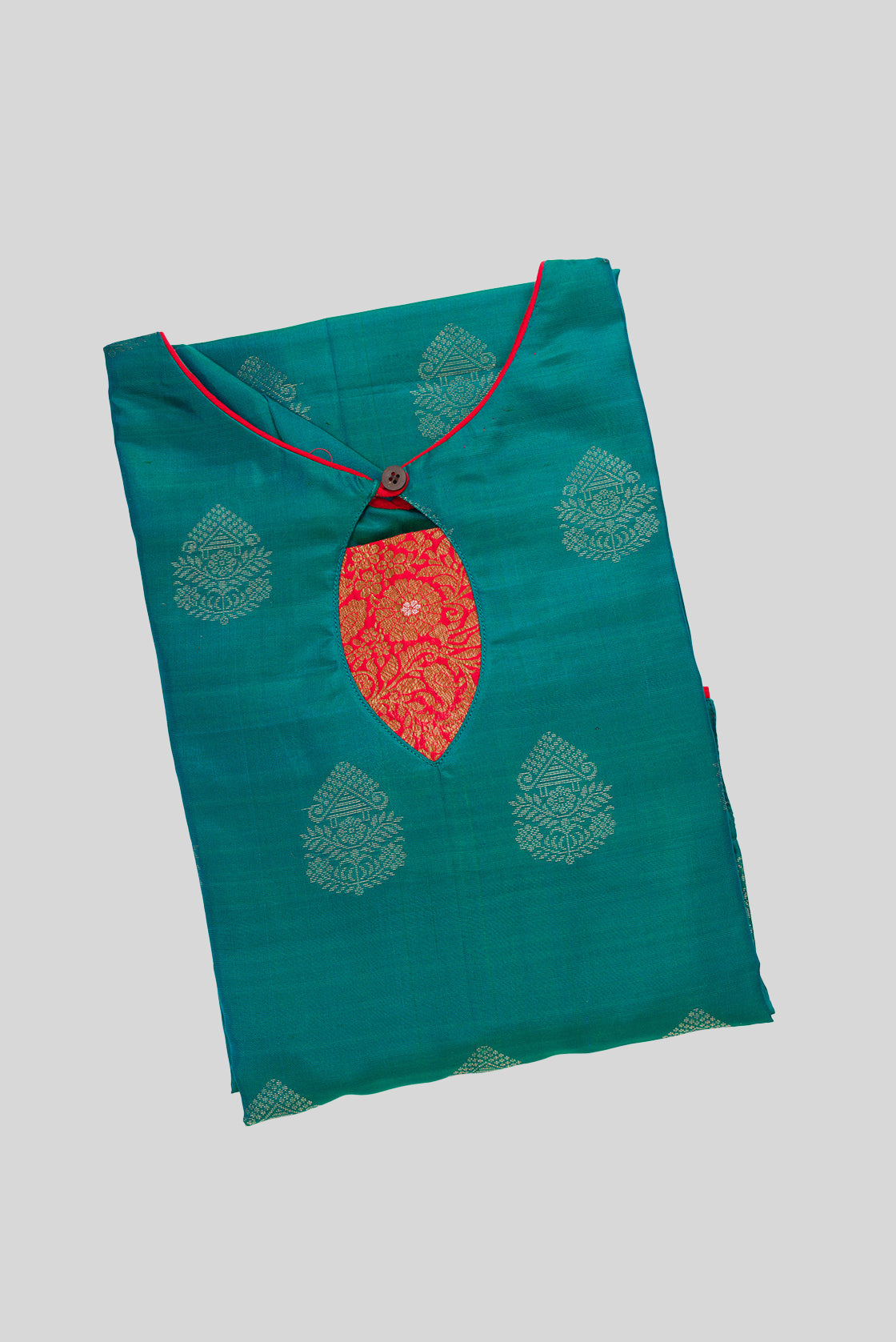 Top view of Green Pure Silk Womens Kurta set featuring Zari Butta Kurta paired with Burgundy Plain Body bottom and a Zari Butta dupatta in Burgundy