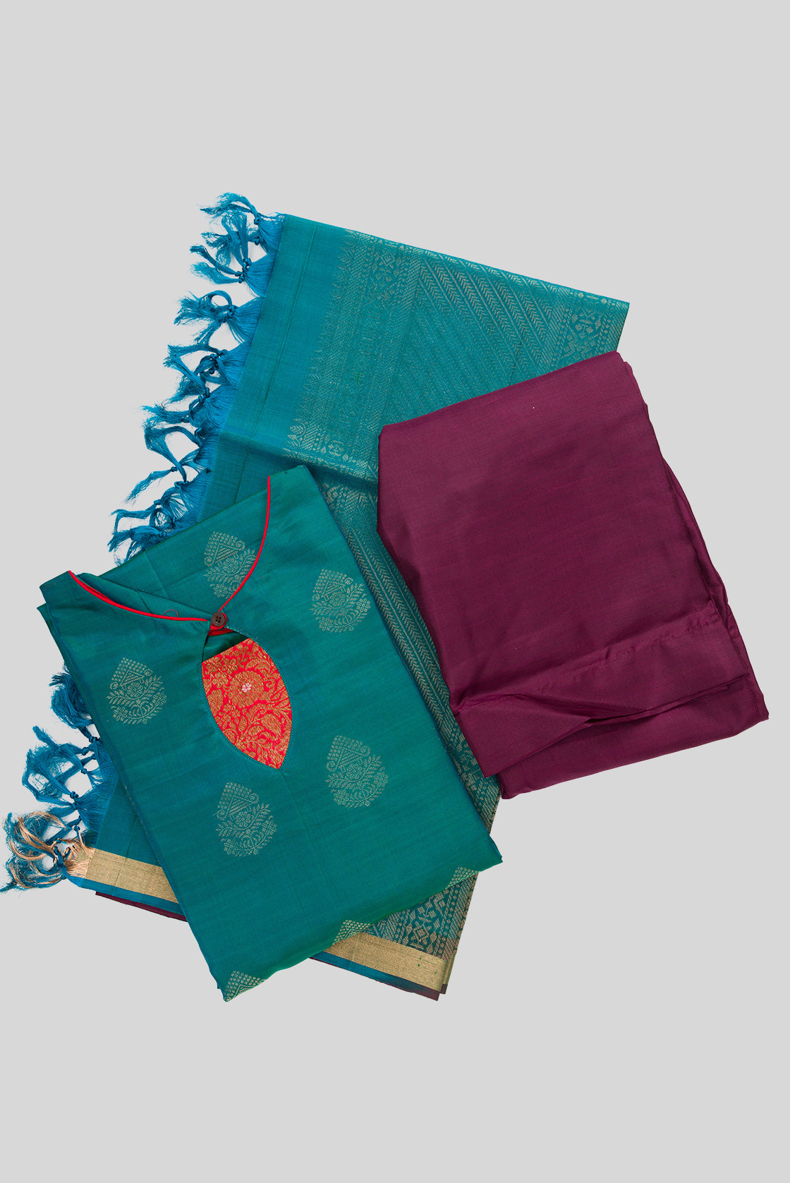 Flat lay of Green Pure Silk Womens Kurta set featuring Zari Butta Kurta paired with Burgundy Plain Body bottom and a Zari Butta dupatta in Burgundy