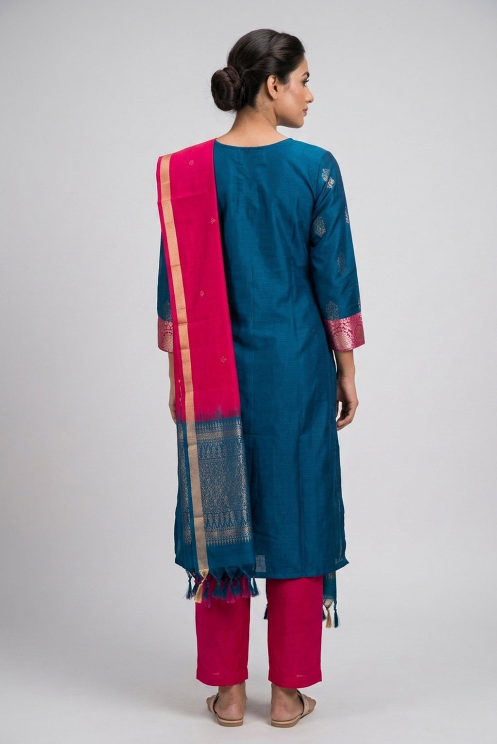 Peacock Blue Pure Silk Womens Kurta set featuring Zari Butta Kurta paired with Pink Plain Body bottom and a Zari Butta dupatta in Pink back image displayed on an AI model