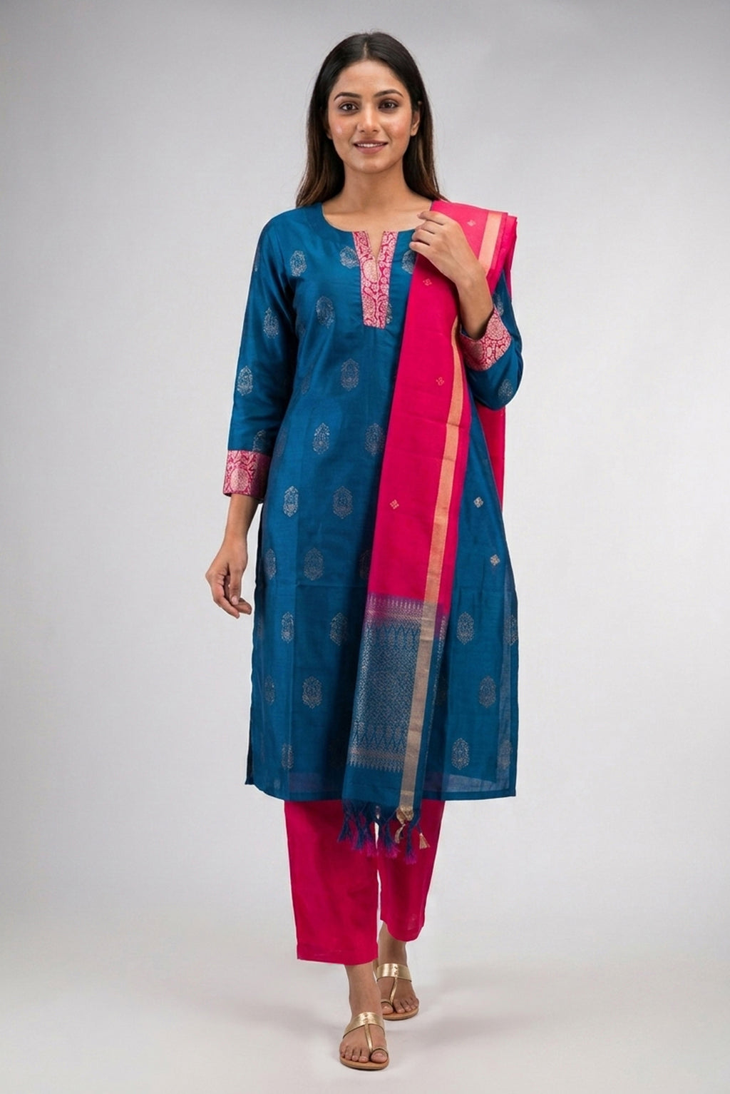 Peacock Blue Pure Silk Womens Kurta set featuring Zari Butta Kurta paired with Pink Plain Body bottom and a Zari Butta dupatta in Pink front image displayed on an AI model