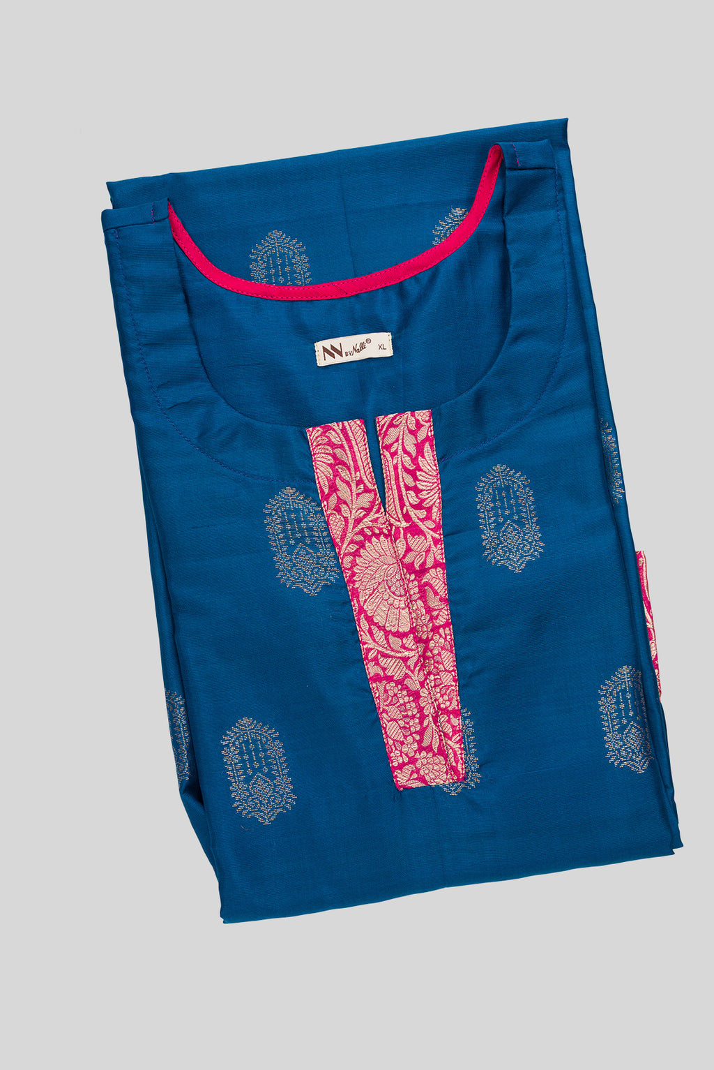 Top view of Peacock Blue Pure Silk Womens Kurta set featuring Zari Butta Kurta paired with Pink Plain Body bottom and a Zari Butta dupatta in Pink