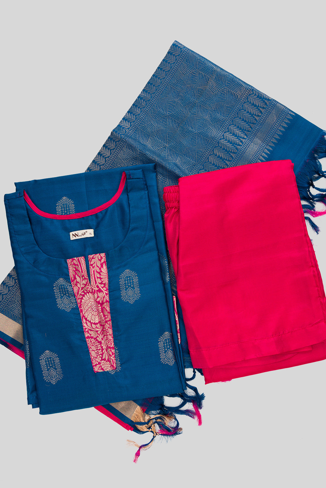 Flat lay of Peacock Blue Pure Silk Womens Kurta set featuring Zari Butta Kurta paired with Pink Plain Body bottom and a Zari Butta dupatta in Pink