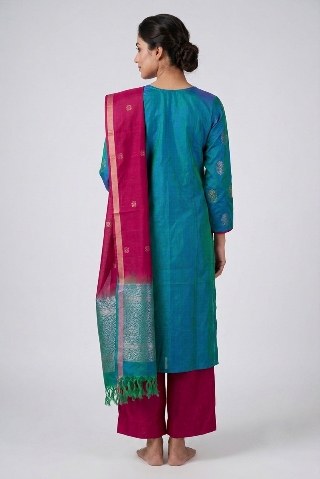 Peacock Blue Pure Silk Womens Kurta set featuring Zari Butta Kurta paired with Maroon Plain Body bottom and a Zari Butta dupatta in Maroon back image displayed on an AI model