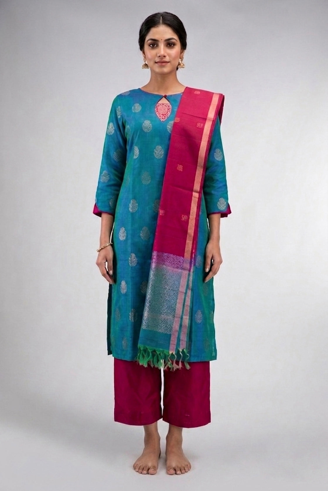 Peacock Blue Pure Silk Womens Kurta set featuring Zari Butta Kurta paired with Maroon Plain Body bottom and a Zari Butta dupatta in Maroon front image displayed on an AI model