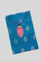 Top view of Peacock Blue Pure Silk Womens Kurta set featuring Zari Butta Kurta paired with Maroon Plain Body bottom and a Zari Butta dupatta in Maroon