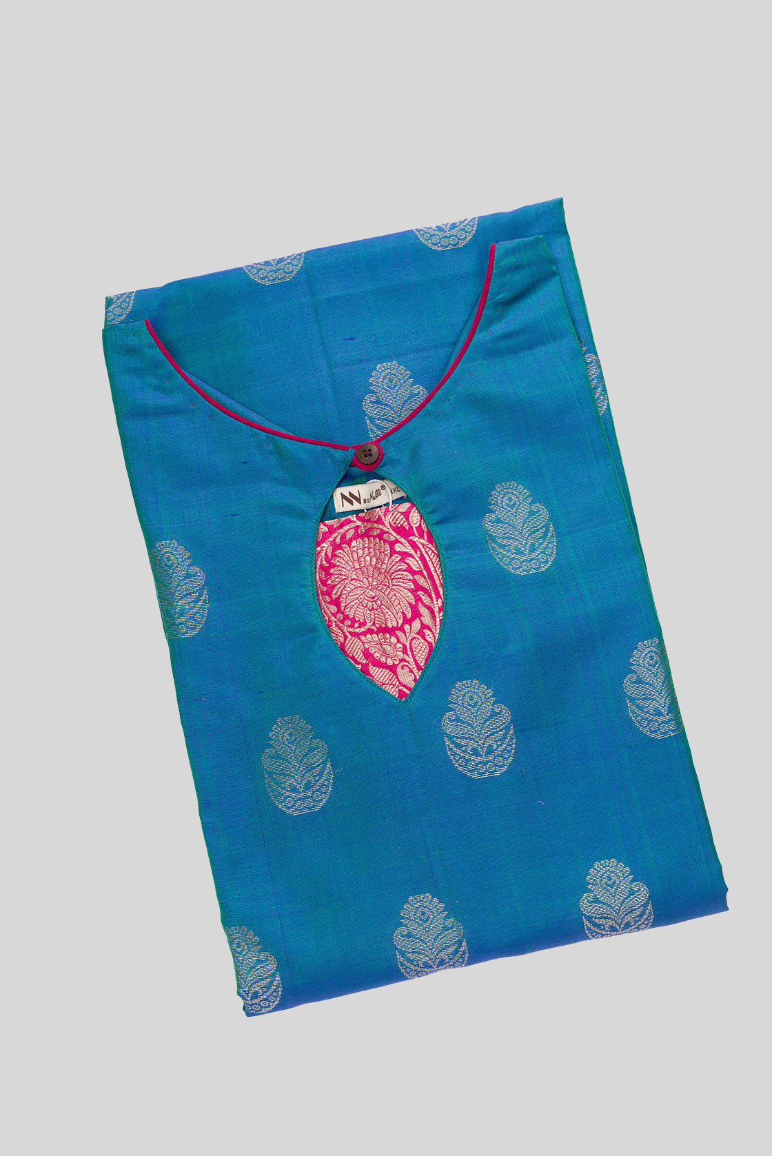 Top view of Peacock Blue Pure Silk Womens Kurta set featuring Zari Butta Kurta paired with Maroon Plain Body bottom and a Zari Butta dupatta in Maroon