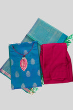 Flat lay of Peacock Blue Pure Silk Womens Kurta set featuring Zari Butta Kurta paired with Maroon Plain Body bottom and a Zari Butta dupatta in Maroon