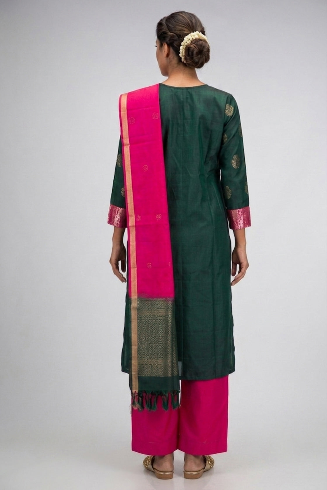 Green Pure Silk Womens Kurta set featuring Zari Butta Kurta paired with Magenta Plain Body bottom and a Zari Butta dupatta in Magenta back image displayed on an AI model