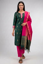 Green Pure Silk Womens Kurta set featuring Zari Butta Kurta paired with Magenta Plain Body bottom and a Zari Butta dupatta in Magenta front image displayed on an AI model