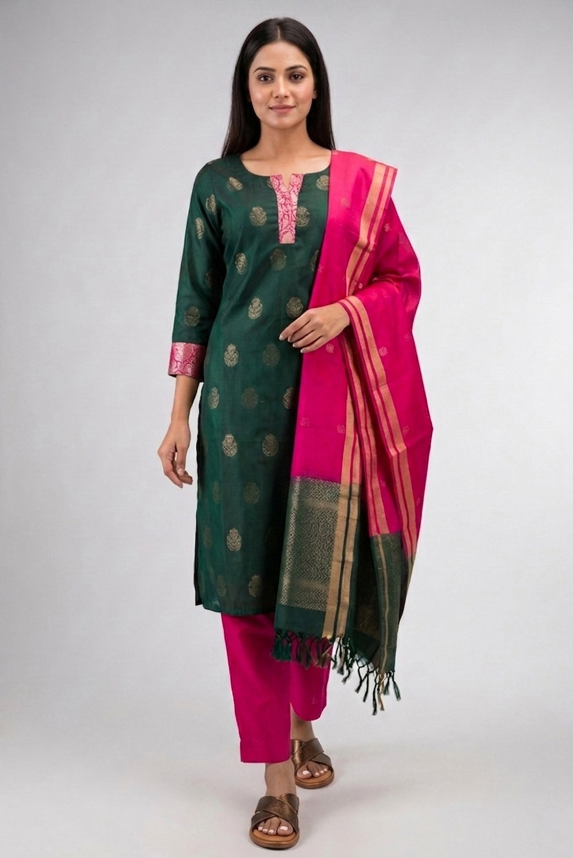 Green Pure Silk Womens Kurta set featuring Zari Butta Kurta paired with Magenta Plain Body bottom and a Zari Butta dupatta in Magenta front image displayed on an AI model