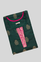 Top view of Green Pure Silk Womens Kurta set featuring Zari Butta Kurta paired with Magenta Plain Body bottom and a Zari Butta dupatta in Magenta