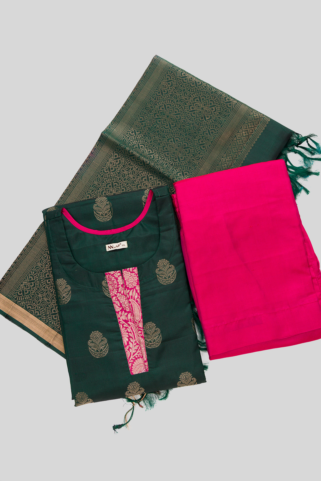 Flat lay of Green Pure Silk Womens Kurta set featuring Zari Butta Kurta paired with Magenta Plain Body bottom and a Zari Butta dupatta in Magenta
