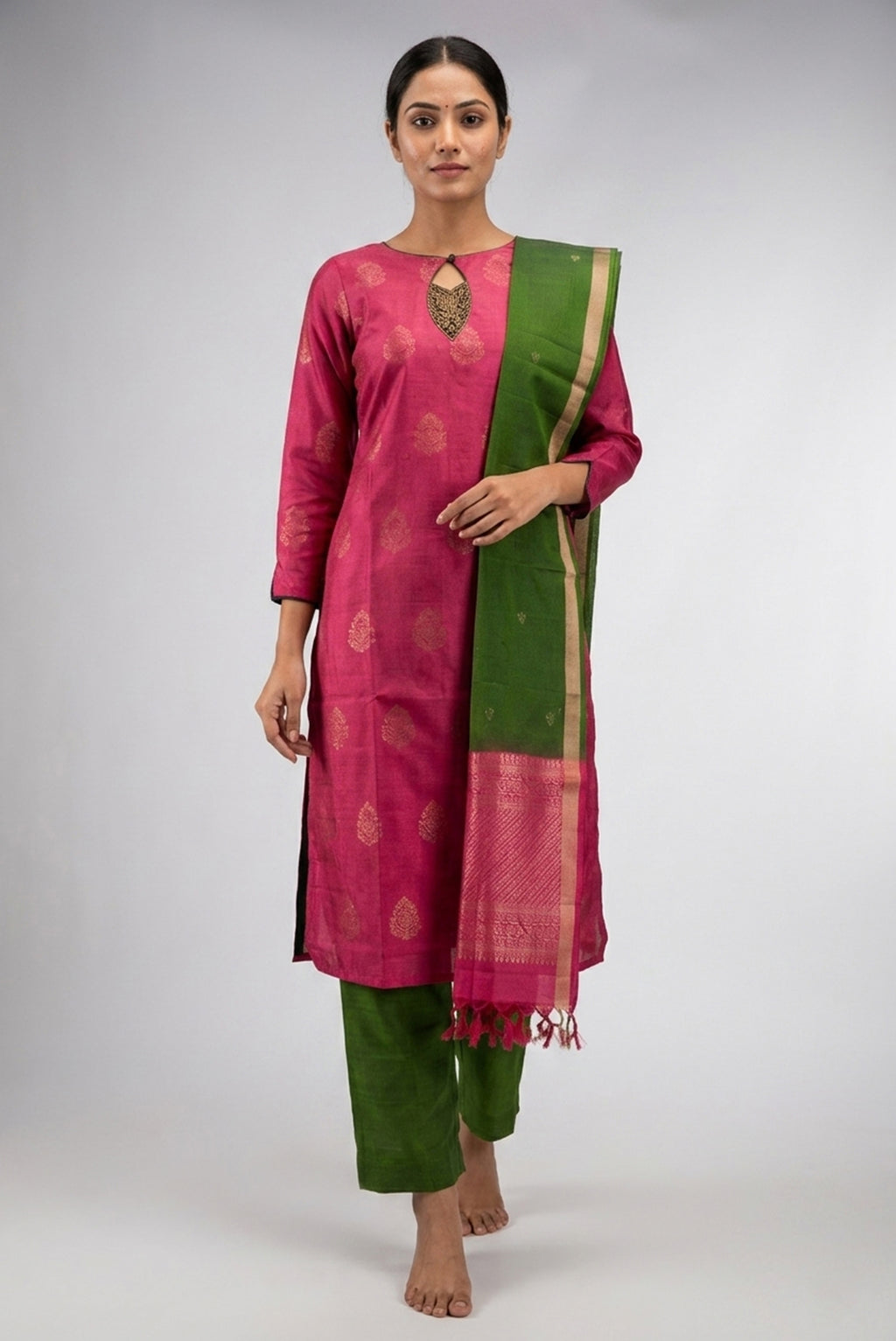 Pink Pure Silk Womens Kurta set featuring Zari Butta Kurta paired with Green Plain Body bottom and a Zari Butta dupatta in Green front image displayed on an AI model
