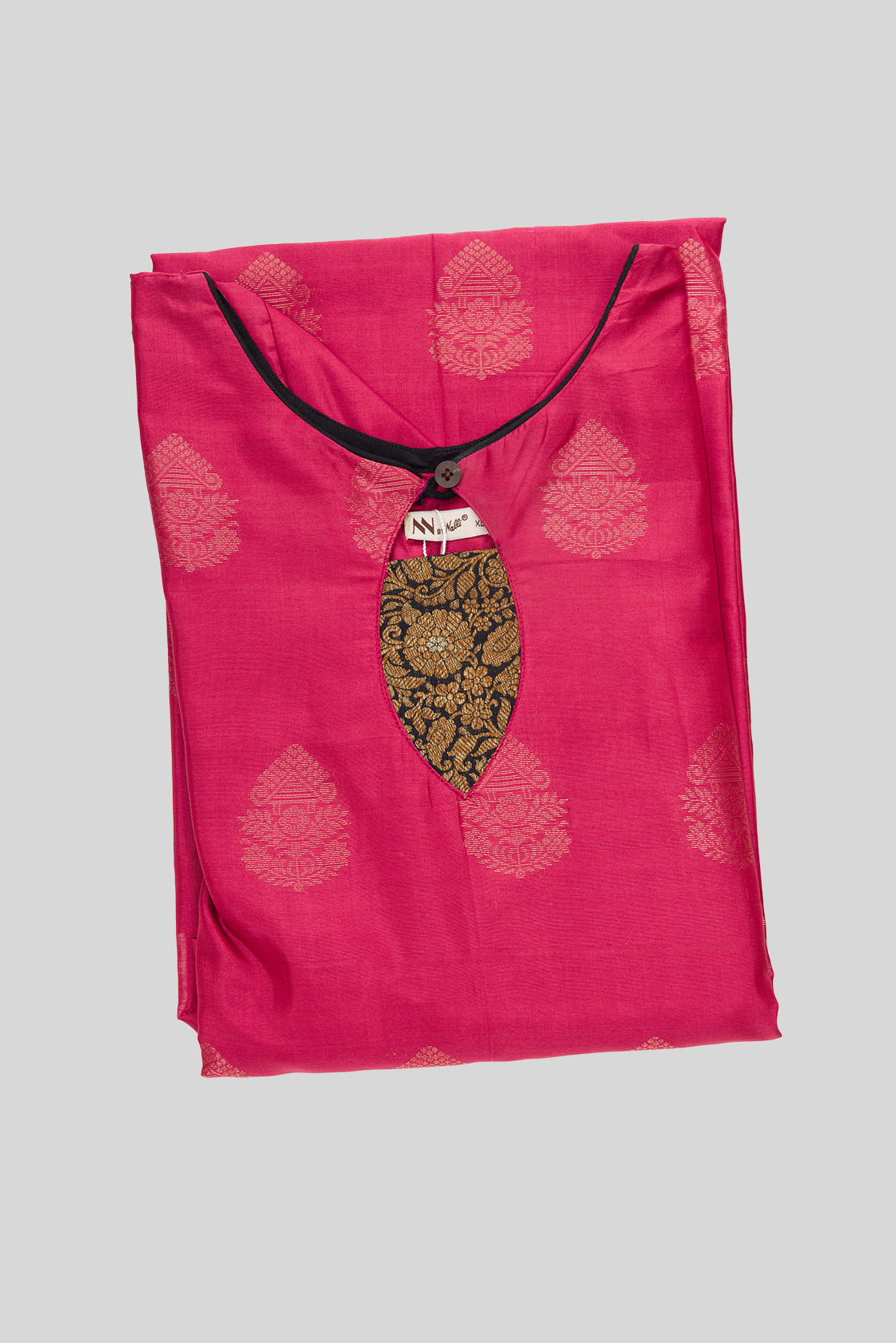 Top view of Pink Pure Silk Womens Kurta set featuring Zari Butta Kurta paired with Green Plain Body bottom and a Zari Butta dupatta in Green
