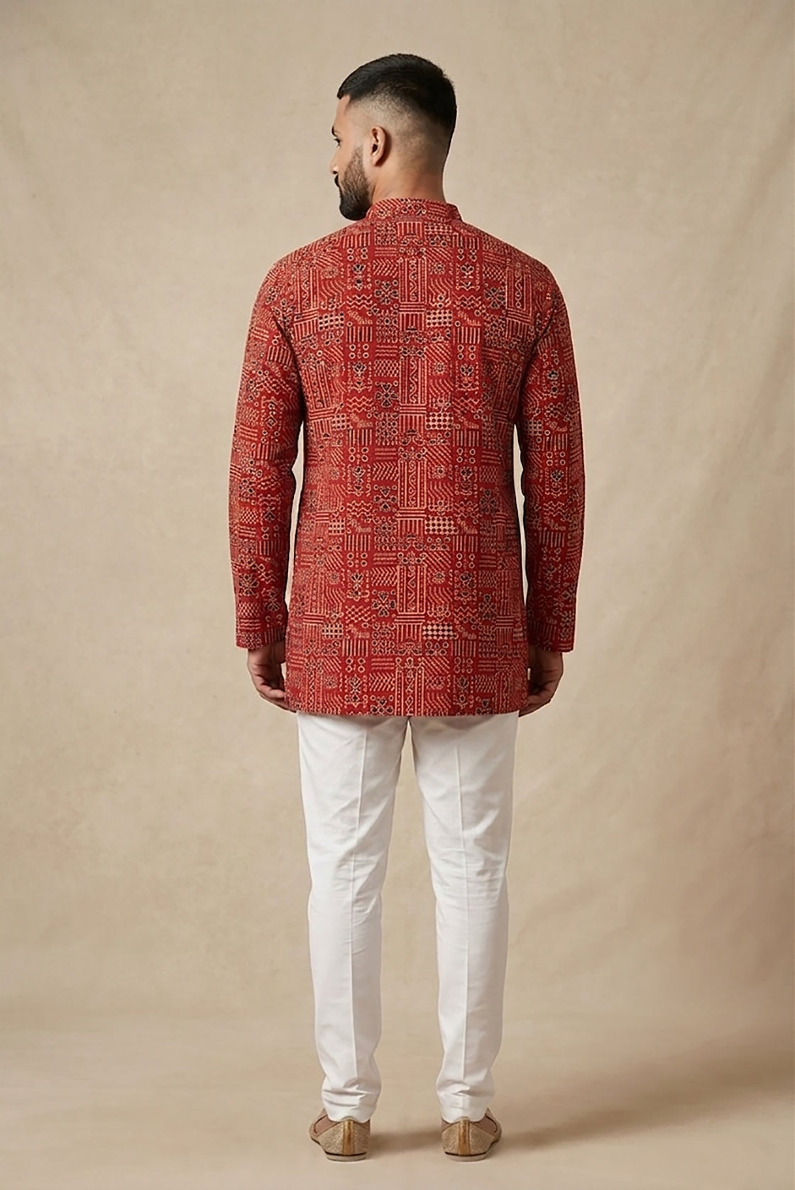 Maroon Pure Silk Printed Mens Kurta back image displayed on an AI model