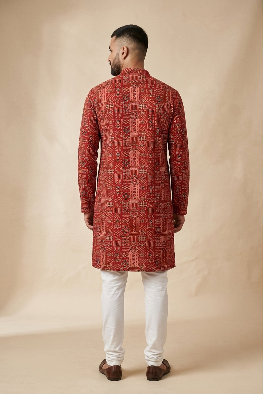 Maroon Pure Cotton Printed Mens Kurta
