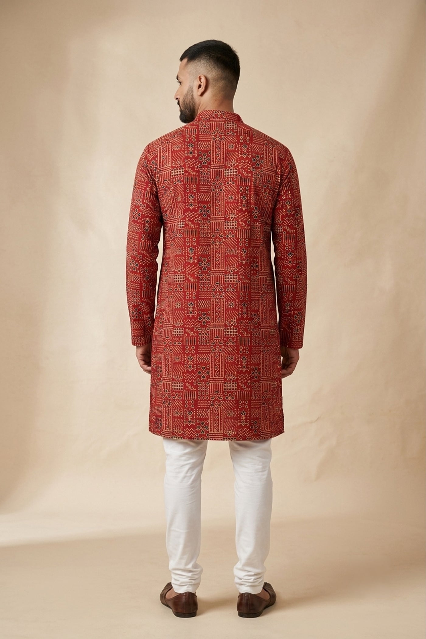 Maroon Pure Cotton Printed Mens Kurta
