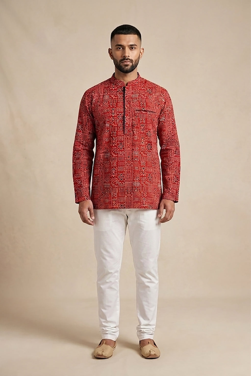 Maroon Pure Silk Printed Mens Kurta