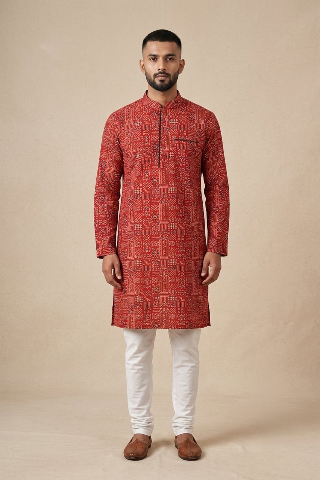 Maroon Pure Cotton Printed Mens Kurta
