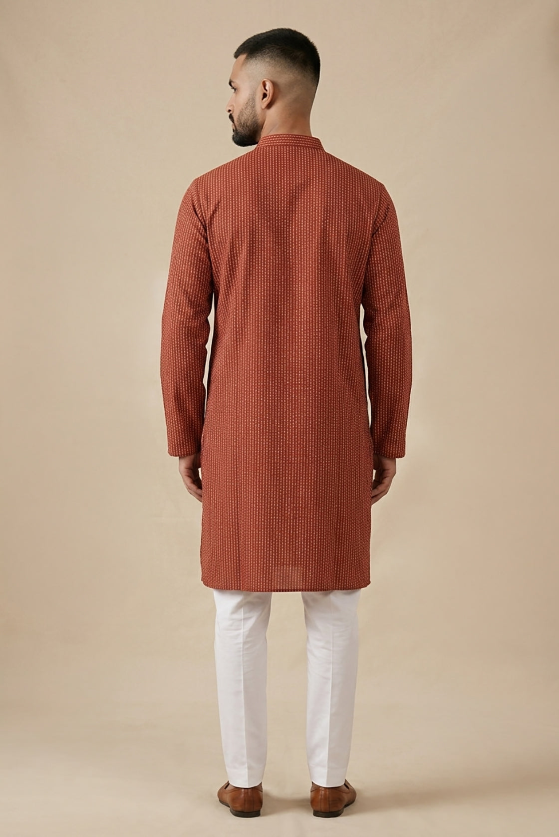 Maroon Pure Silk Stripes Mens Kurta back image displayed on an AI model