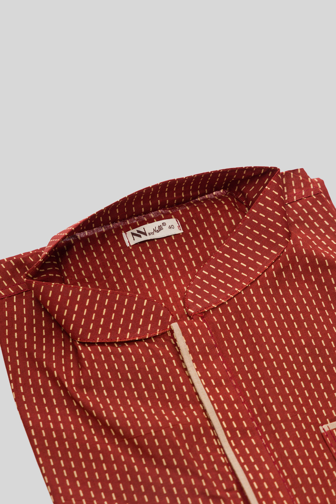 Detailed shot of Maroon Pure Silk Stripes Mens Kurta