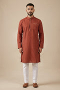 Maroon Pure Silk Stripes Mens Kurta