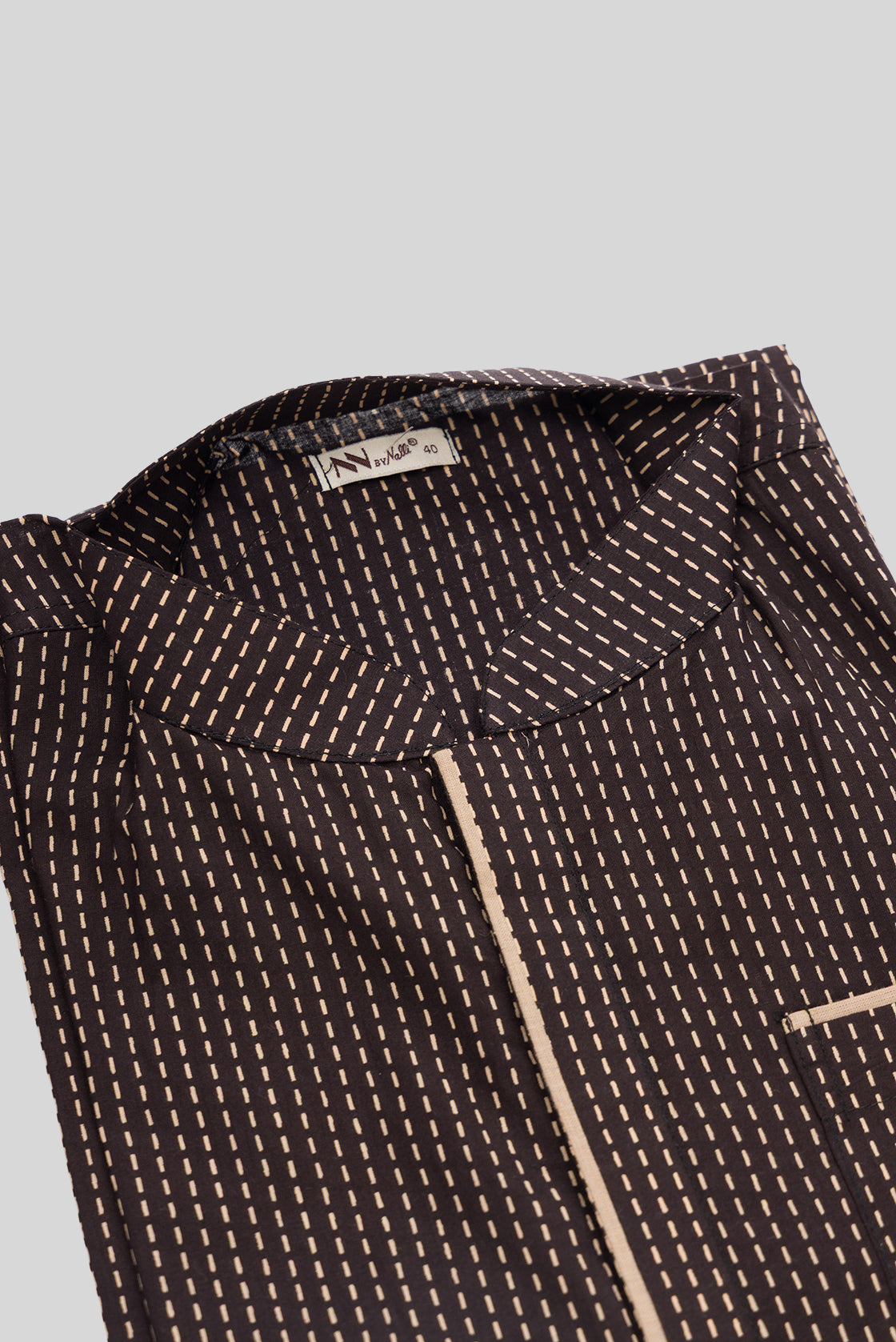 Detailed shot of Black Pure Silk Printed Mens Kurta