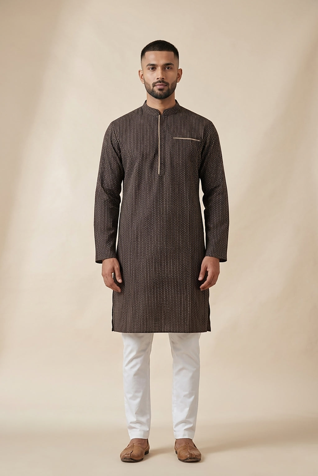Black Pure Silk Printed Mens Kurta