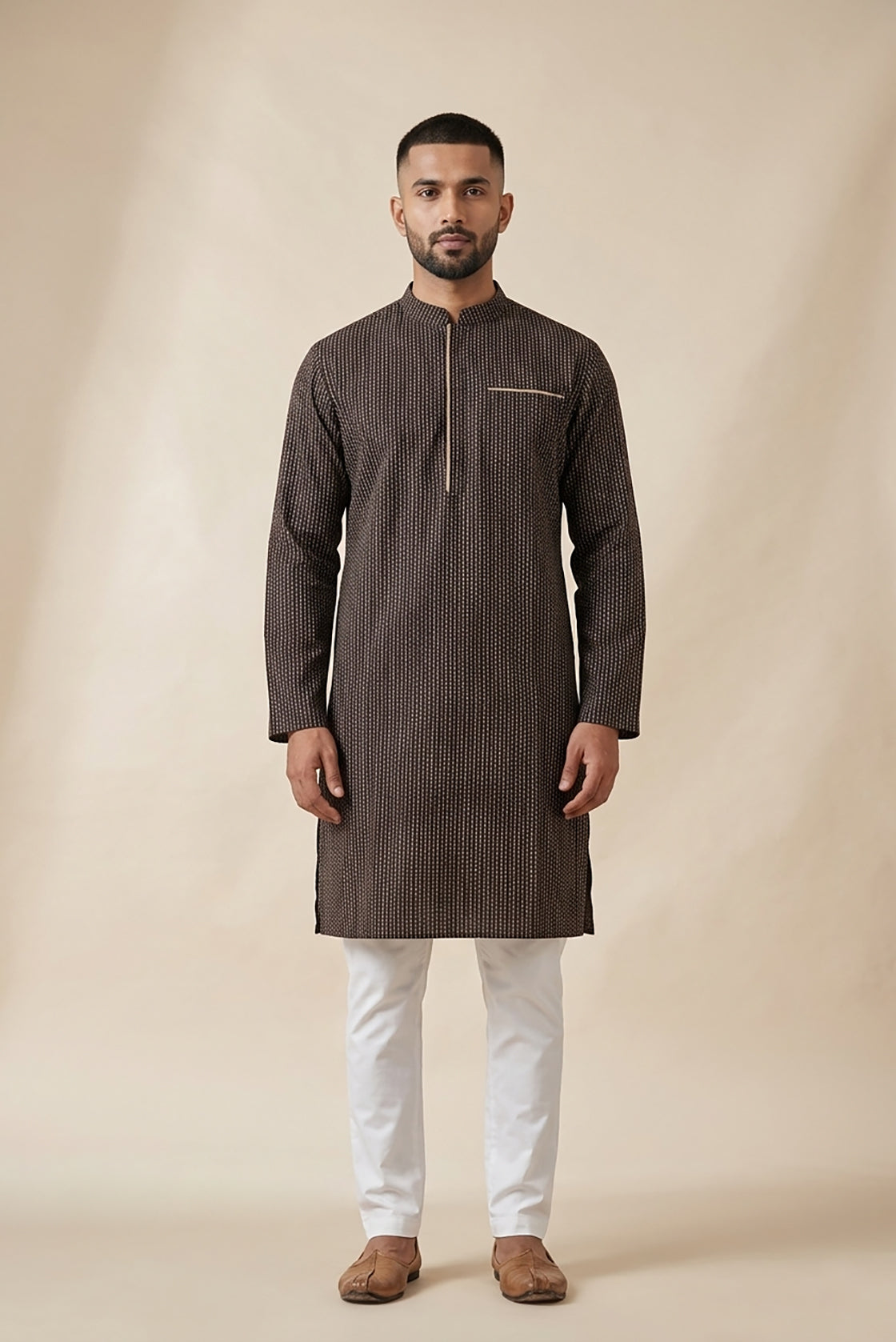 Black Pure Silk Printed Mens Kurta