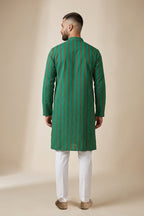Green Pure Silk Stripes Mens Kurta back image displayed on an AI model