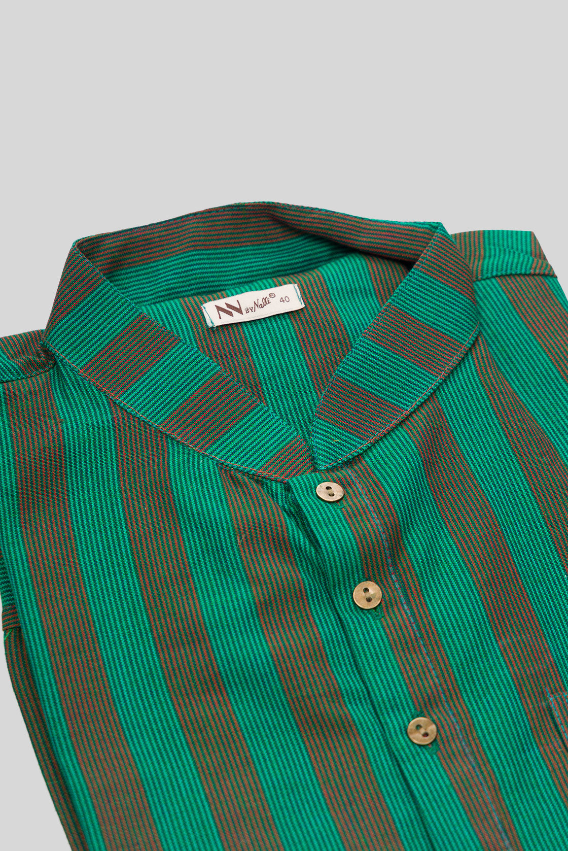Detailed shot of Green Pure Silk Stripes Mens Kurta