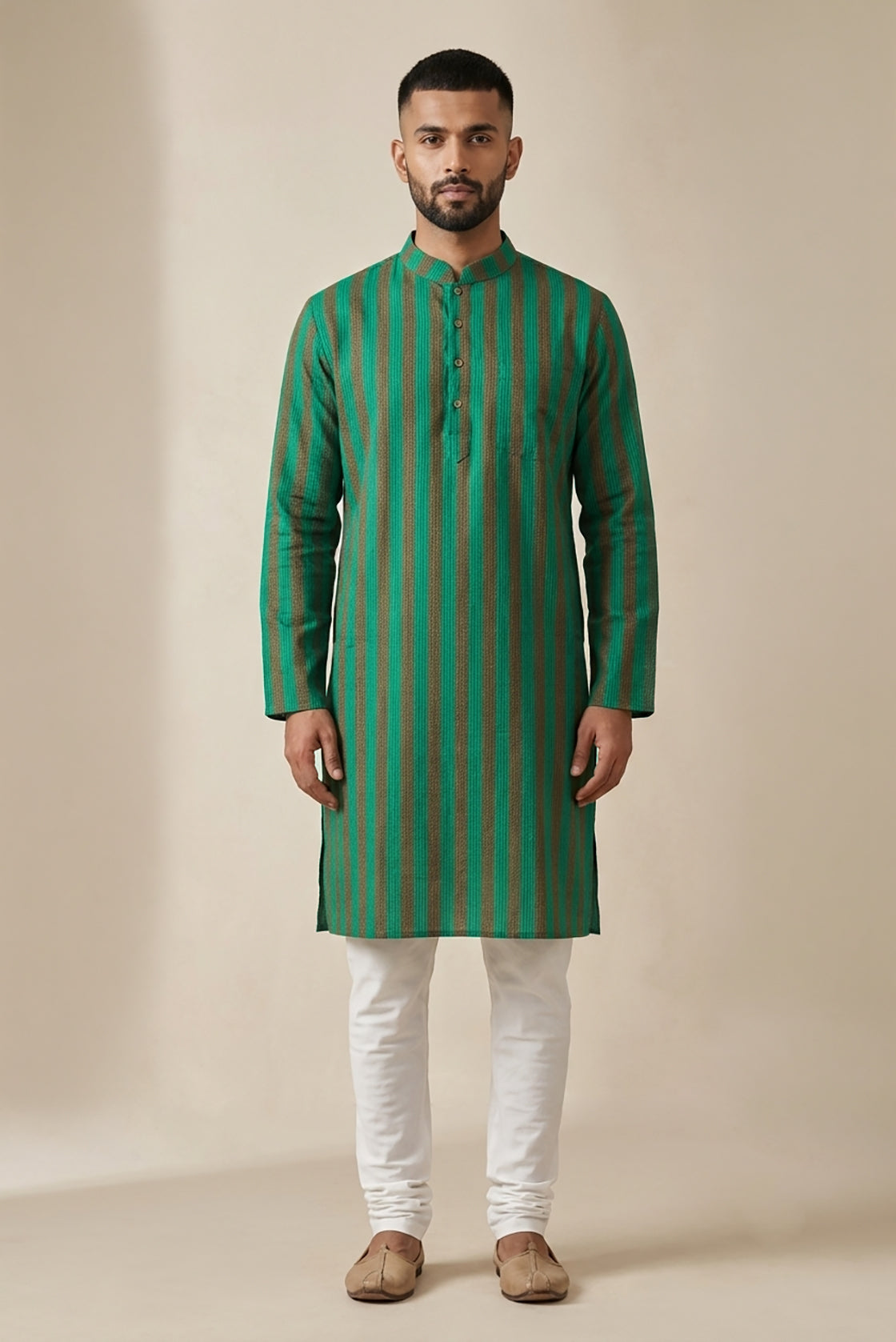 Green Pure Silk Stripes Mens Kurta