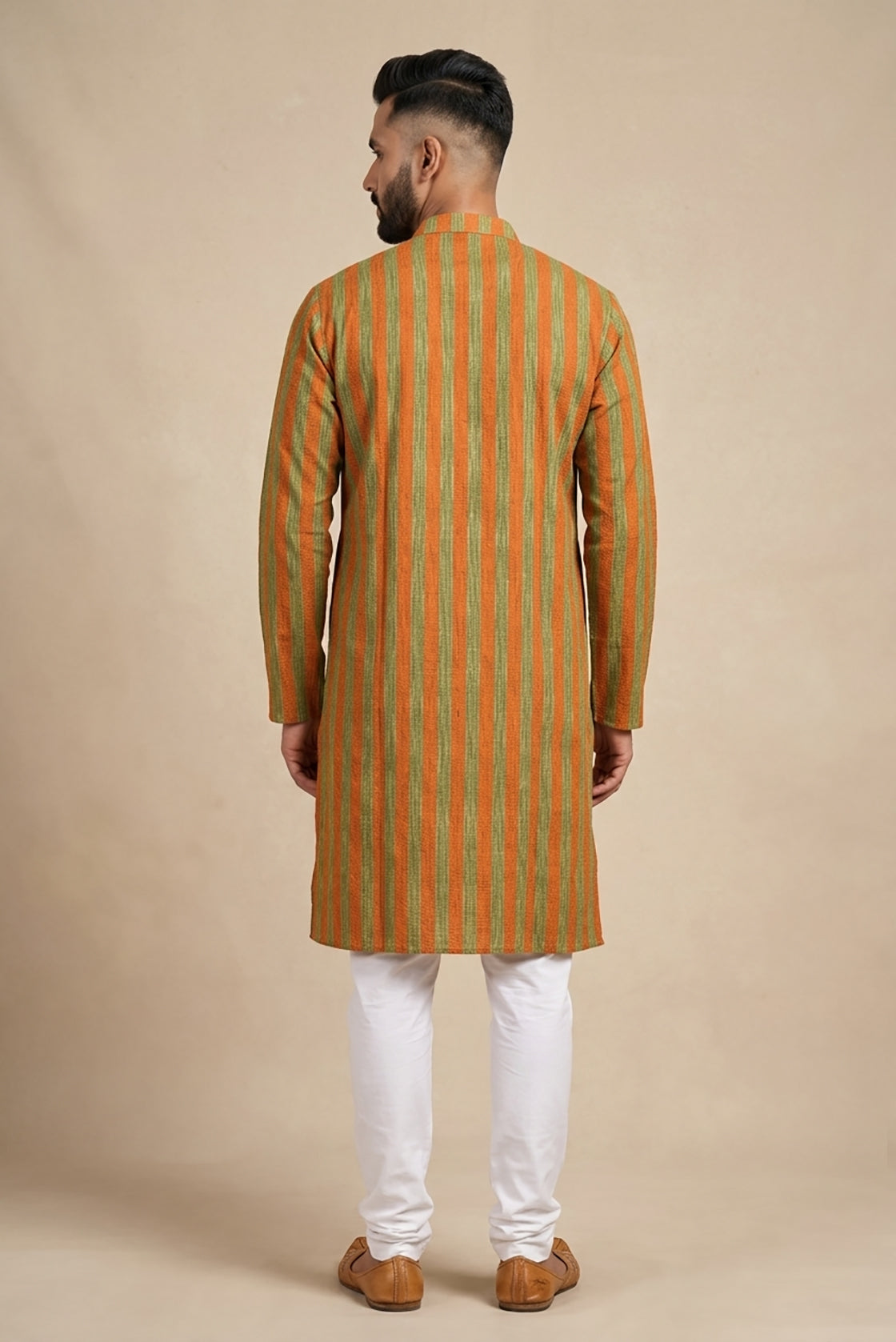Peacock Blue Pure Silk Stripes Mens Kurta back image displayed on an AI model