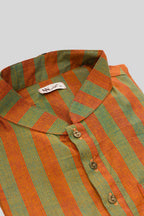 Detailed shot of Peacock Blue Pure Silk Stripes Mens Kurta