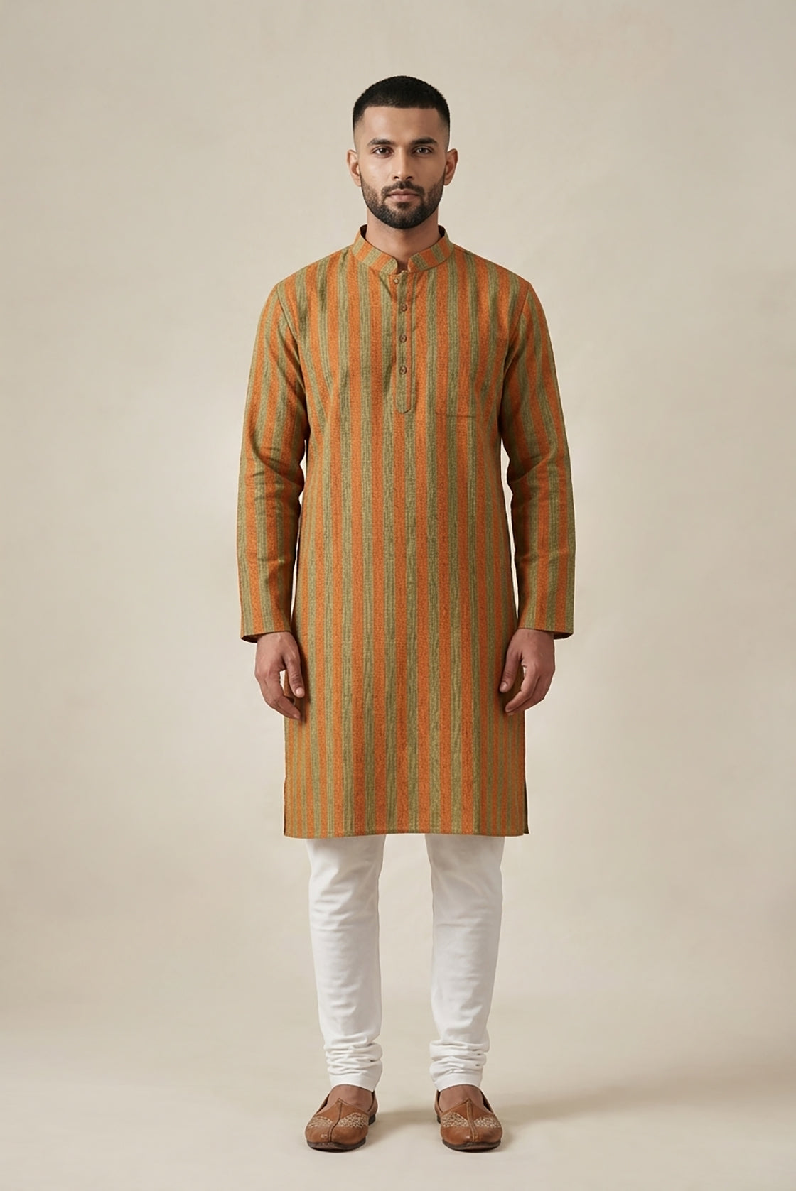 Peacock Blue Pure Silk Stripes Mens Kurta