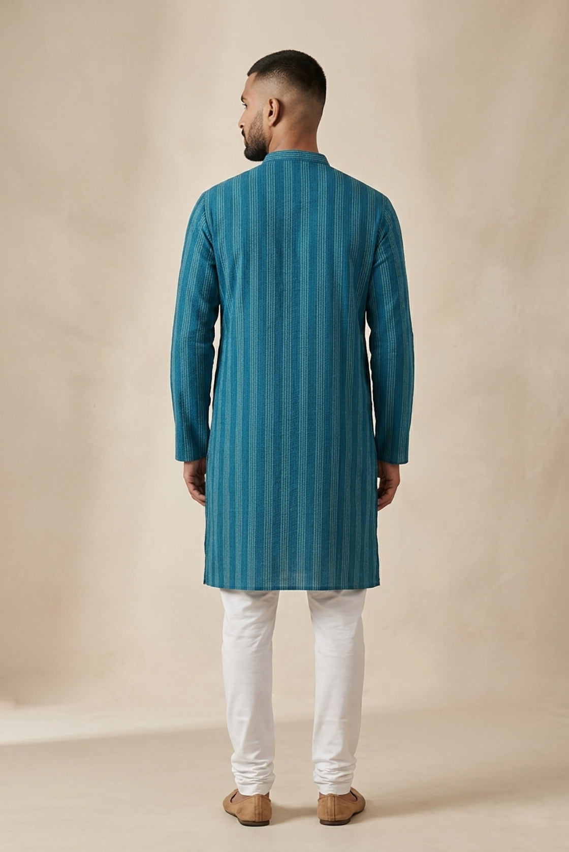 Peacock Blue Pure Cotton Stripes Mens Kurta back image displayed on an AI model
